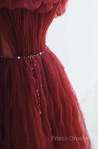 Wine Red Tulle Sequins Long Off Shoulder Party Dress, Wine Red Tulle Formal Prom Dress