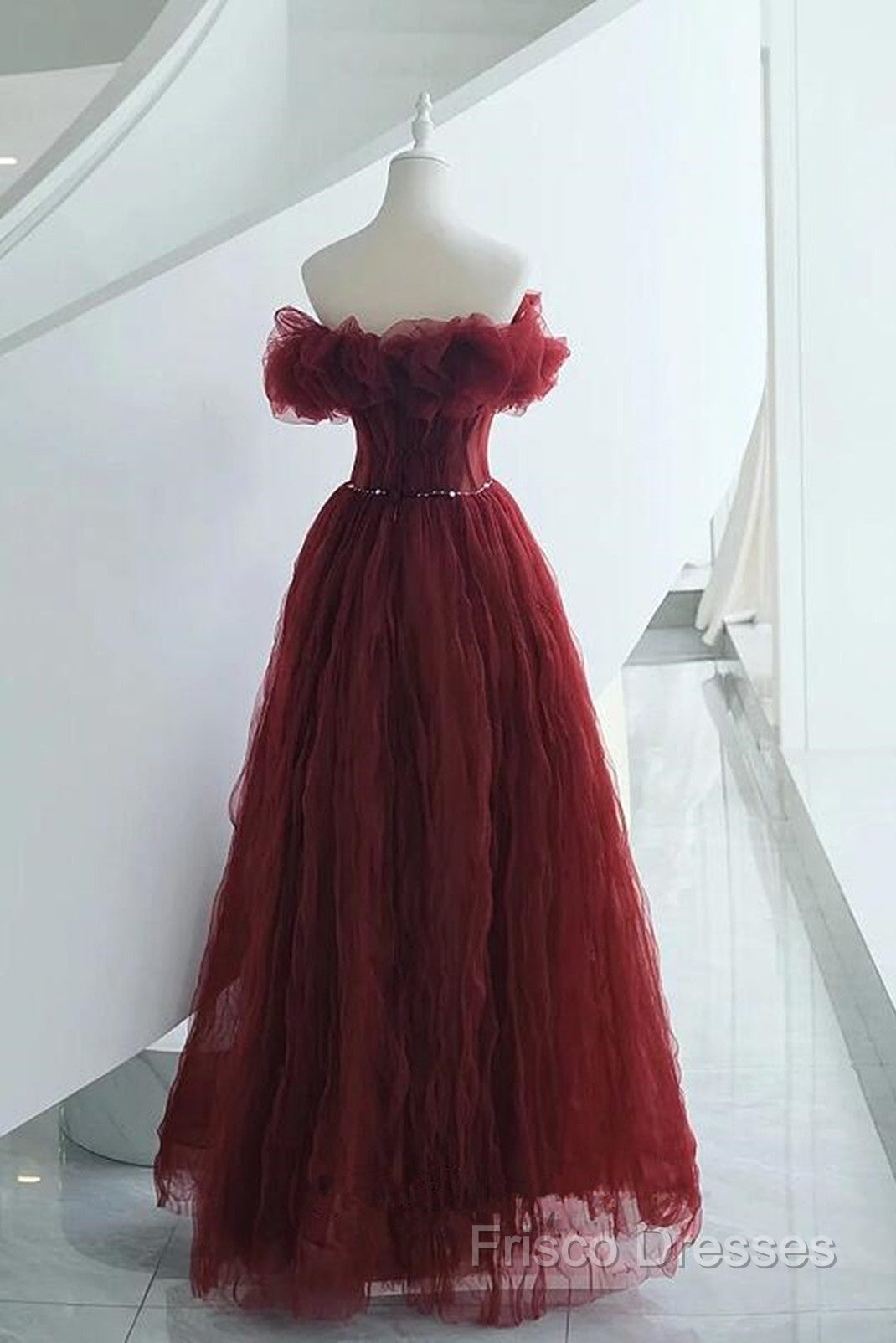 Wine Red Tulle Sequins Long Off Shoulder Party Dress, Wine Red Tulle Formal Prom Dress
