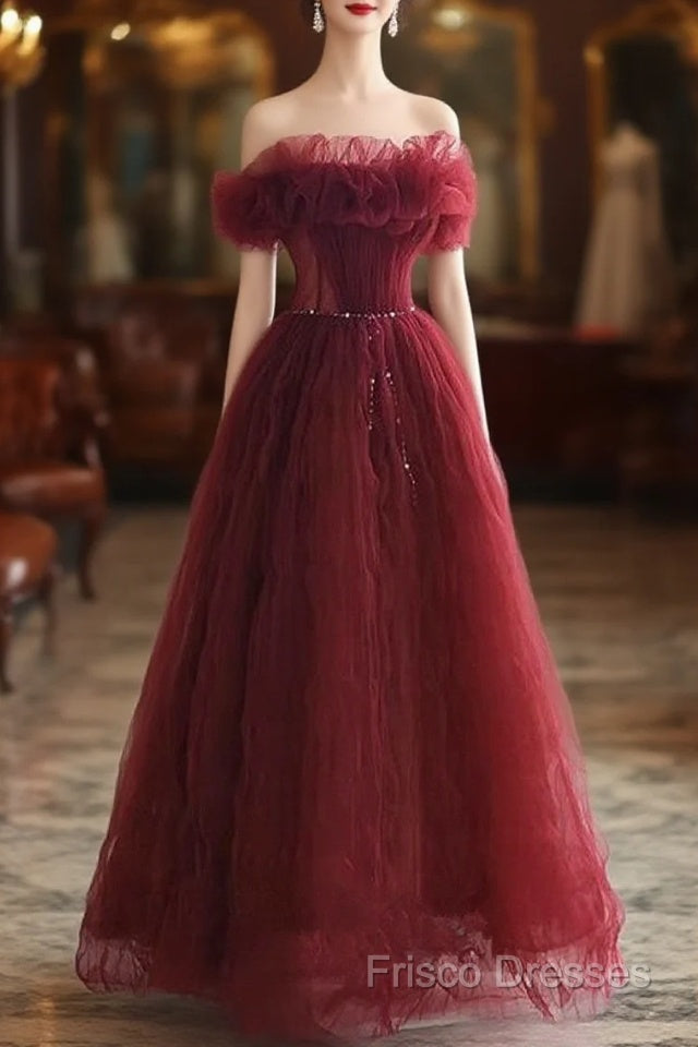 Wine Red Tulle Sequins Long Off Shoulder Party Dress, Wine Red Tulle Formal Prom Dress Main image