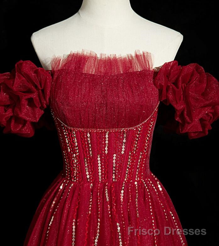 Wine Red Tulle Short Sleeves Beaded Party Dress, A-line Wine Red Prom Dress