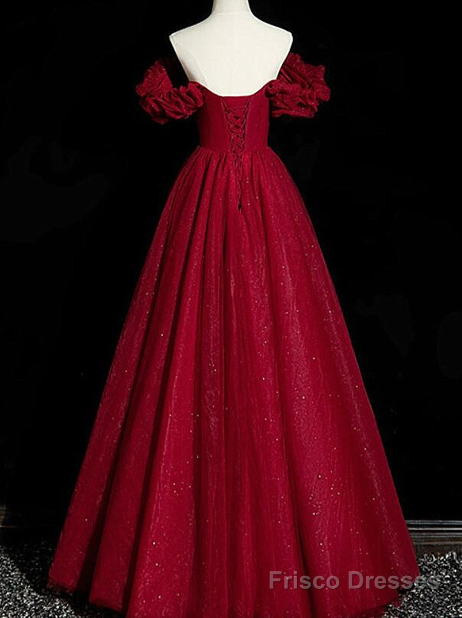 Wine Red Tulle Short Sleeves Beaded Party Dress, A-line Wine Red Prom Dress Secondary image