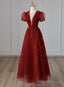 Wine Red Tulle Short Sleeves Long Party Dress Wine Red Evening Gown prom dresses shops