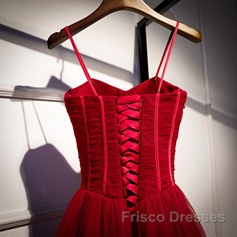 Wine Red Tulle Straps Long Sweetheart Party Dress Formal Dress, A-Line Dark Red Evening Dress