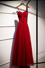 Wine Red Tulle Straps Long Sweetheart Party Dresses Formal Dresses, A-Line Dark Red Evening Dresses