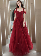 Wine Red Tulle Straps Sweetheart Long Party Dress, Wine Red A-Line Prom Dress