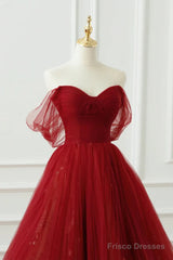 Wine Red Tulle Sweetheart Off Shoulder Prom Dress, Wine Red Tulle Evening Dress
