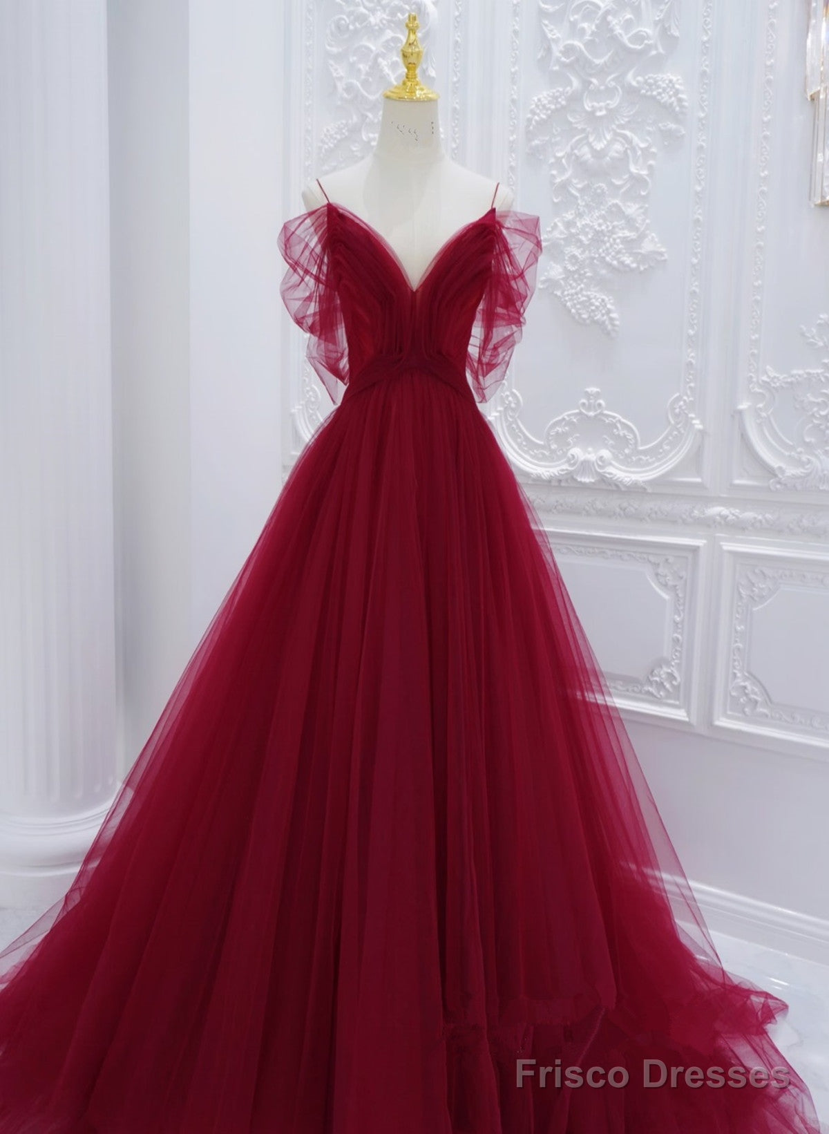 Wine Red Tulle V-Neckline Long Party Dress, Wine Red Tulle Prom Dress Main image