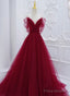 Wine Red Tulle V-Neckline Long Party Dress, Wine Red Tulle Prom Dress