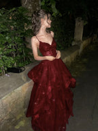 Wine Red Tulle V-Neckline With Lace Applique Prom Dress, WIne Red Long Formal Dress
