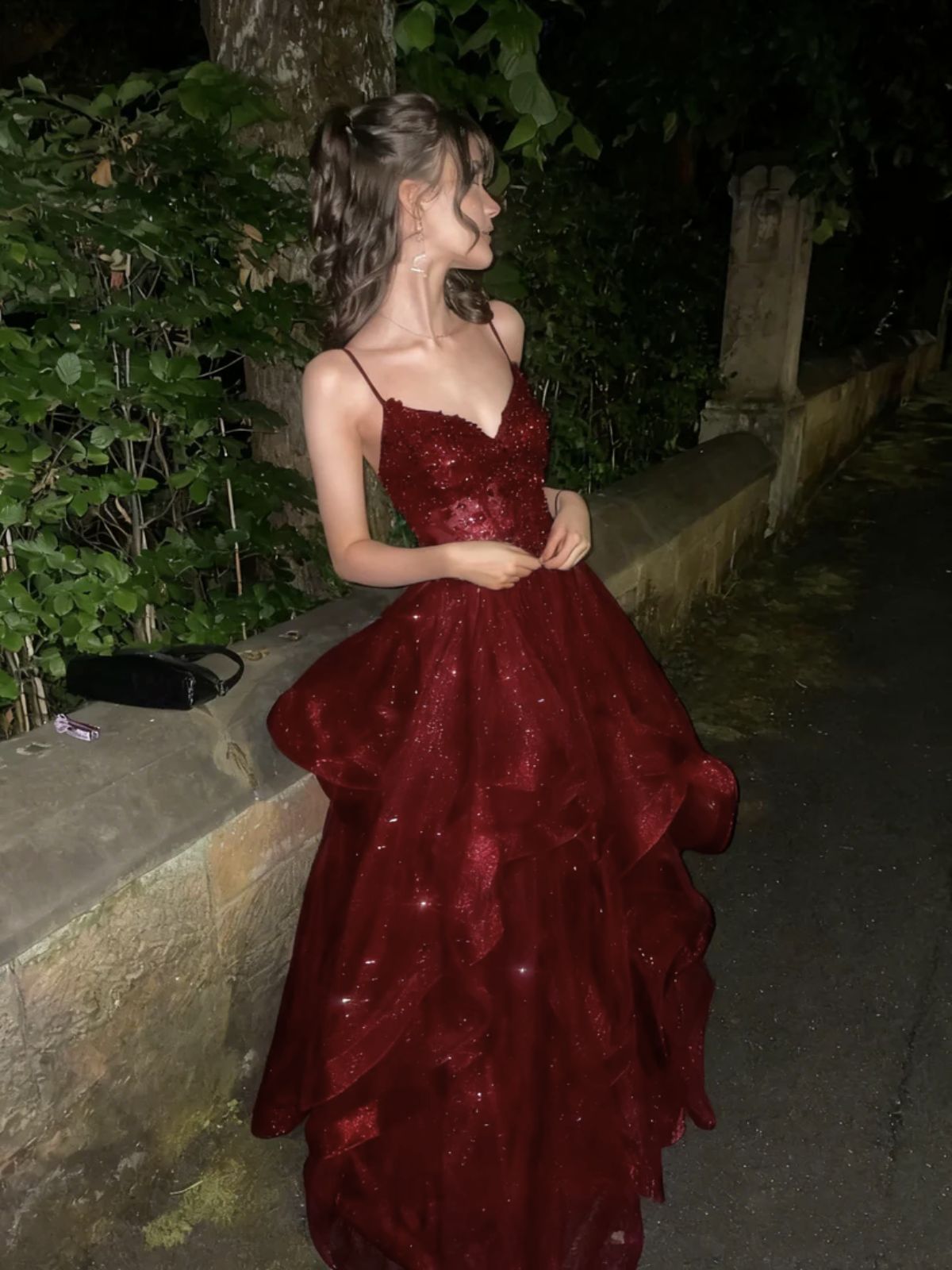Wine Red Tulle V-Neckline With Lace Applique Prom Dress, WIne Red Long Formal Dress