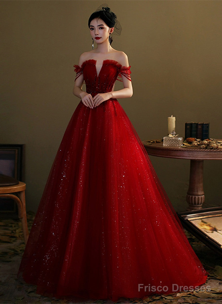 Wine Red Tulle With Beaded Floor Length Party Dress, Wine Red Prom Dress