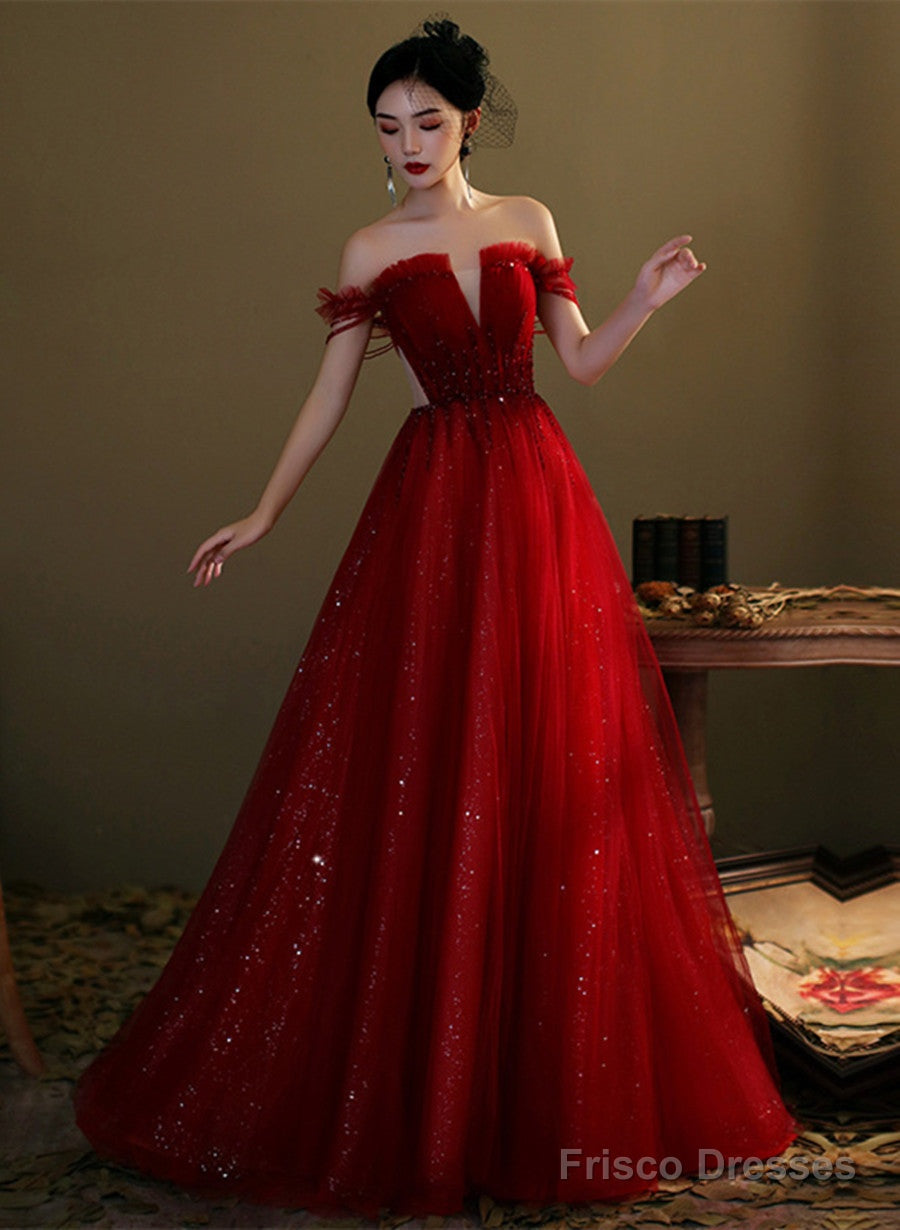 Wine Red Tulle With Beaded Floor Length Party Dress, Wine Red Prom Dress