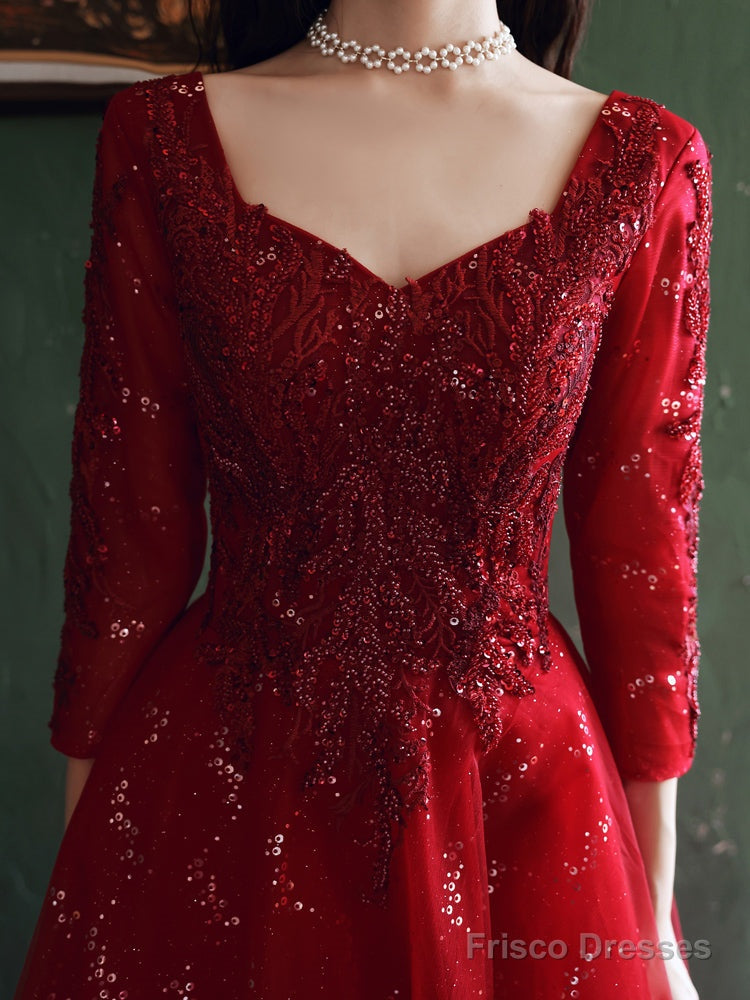 Wine Red Tulle With Lace A-Line Beaded Long Party Dress, Wine Red Evening Dress