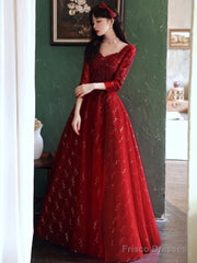 Wine Red Tulle With Lace A-Line Beaded Long Party Dress, Wine Red Evening Dress