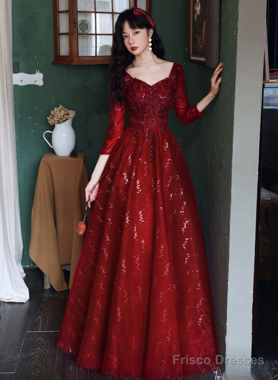 Wine Red Tulle With Lace A-Line Beaded Long Party Dress, Wine Red Evening Dress Main image