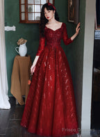 Wine Red Tulle With Lace A-Line Beaded Long Party Dress, Wine Red Evening Dress