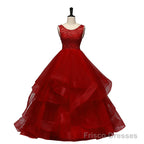 Wine Red Tulle with Lace Layers Ball Gown Sweet 16 Dress, Long Formal Dress Prom Dress