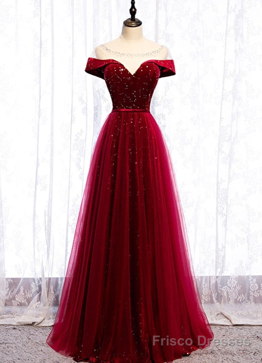 Wine Red Tulle with Velvet Long Party Dress, Wine Red Formal Dress Prom Dress