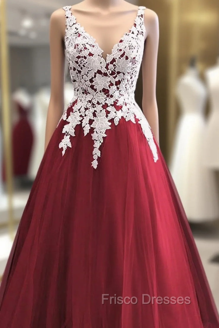 Wine Red Tulle With White Lace V-Neckline Formal Prom Dress, Wine Red Long Evening Dress Main image