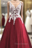 Wine Red Tulle With White Lace V-Neckline Formal Prom Dress, Wine Red Long Evening Dress