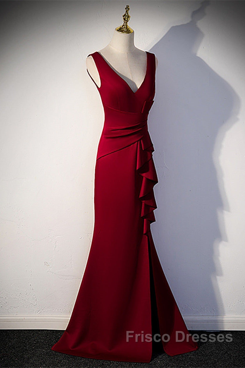 Wine Red V-Neckline Mermaid Long Party Dress With Leg Slit, Wine Red Formal Prom Dress