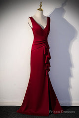 Wine Red V-Neckline Mermaid Long Party Dress With Leg Slit, Wine Red Prom Dress