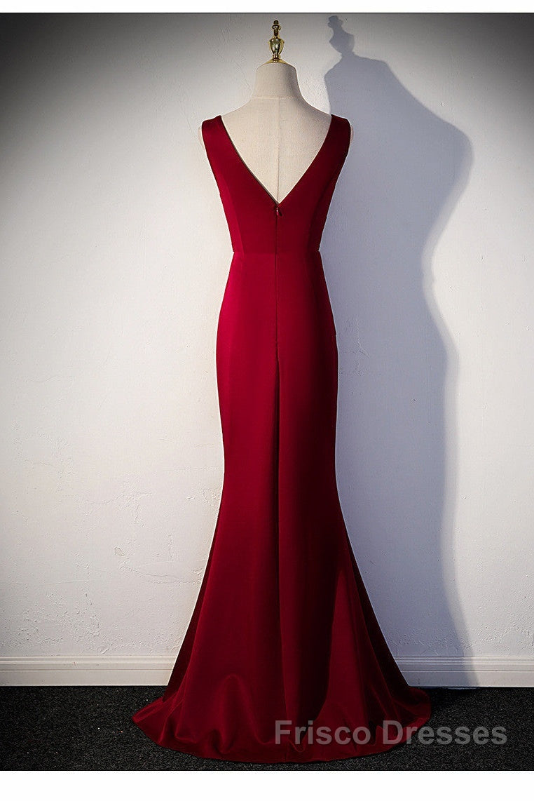 Wine Red V-Neckline Mermaid Long Party Dress With Leg Slit, Wine Red Formal Prom Dress