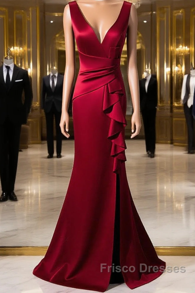 Wine Red V-Neckline Mermaid Long Party Dress With Leg Slit, Wine Red Formal Prom Dress