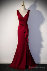 Wine Red V-Neckline Mermaid Long Party Dress With Leg Slit, Wine Red Prom Dress
