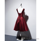 Wine Red V-neckline Satin Lace-up Homecoming Dress, Short Prom Dress