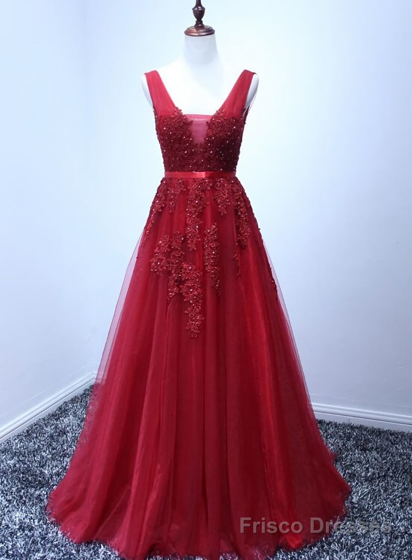 Wine Red V-neckline Tulle Long Prom Dress, Dark Red Floor Length Party Dress, Bridesmaid Dress Secondary image