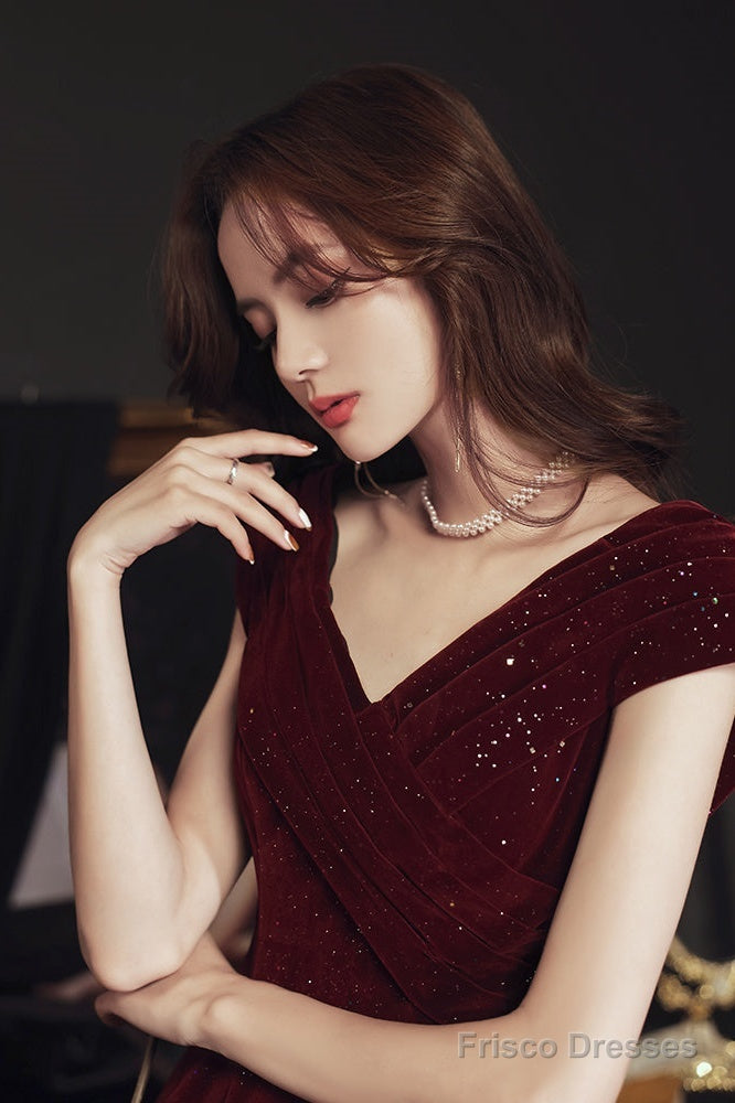 Wine Red V-Neckline Velvet Long Party Dress, Floor Length Prom Dress Secondary image