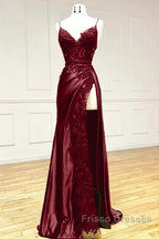 Wine Red V-Neclline Satin With Lace Long Formal Prom Dress, Wine Red Leg Slit Party Dress