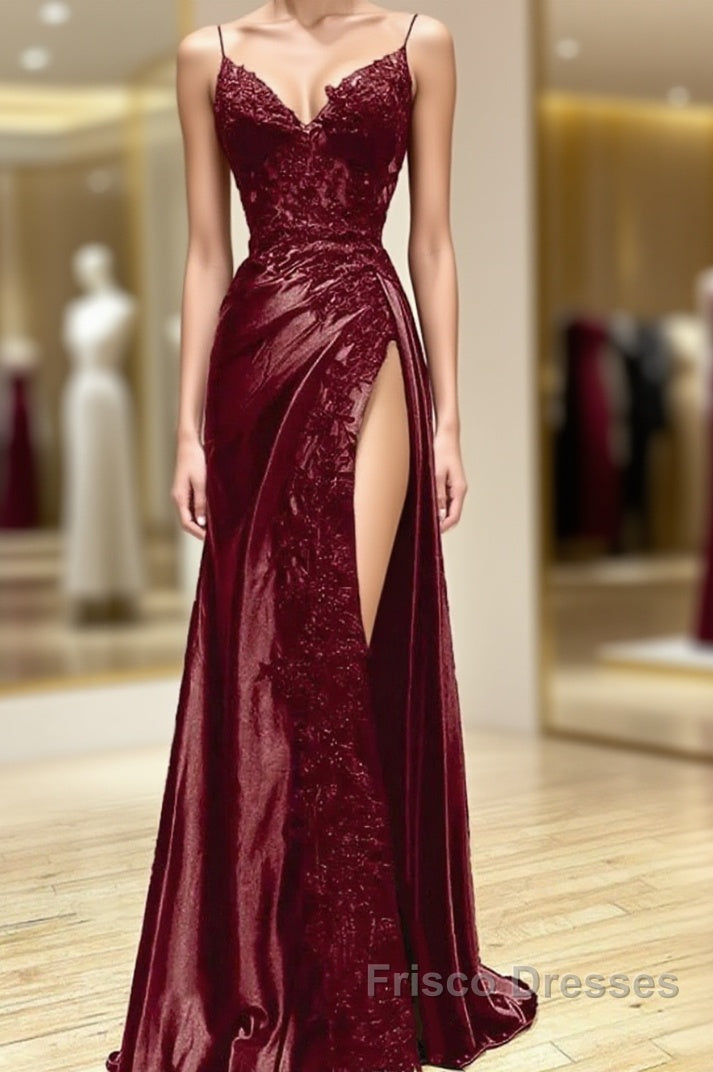 Wine Red V-Neclline Satin With Lace Long Formal Prom Dress, Wine Red Leg Slit Party Dress