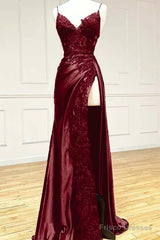 Wine Red V-Neclline Satin With Lace Long Prom Dress, Wine Red Leg Slit Party Dress