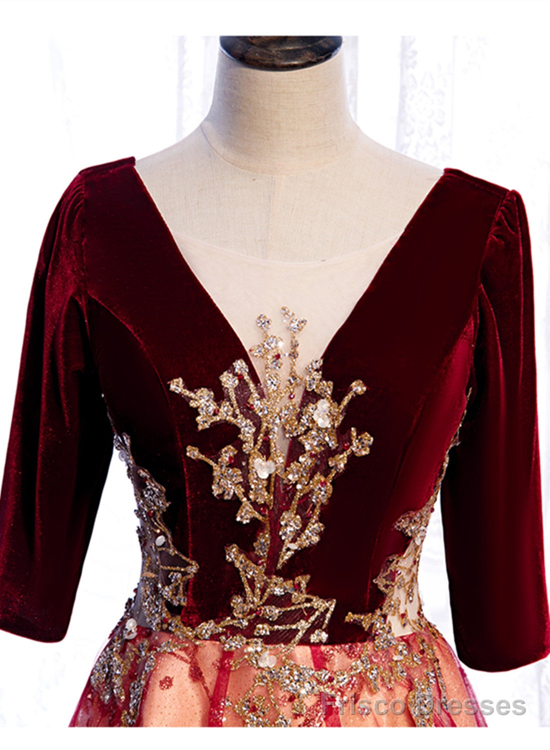 Wine Red Velvet 1/2 Sleeves Long Party Dress with Lace, A-line Junior Prom Dress Secondary image
