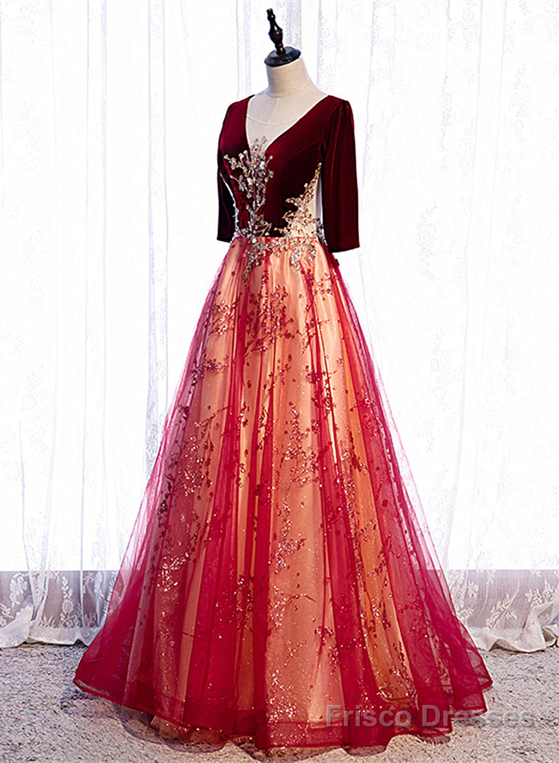 Wine Red Velvet 1/2 Sleeves Long Party Dress with Lace, A-line Junior Prom Dress Main image