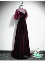 Wine Red Velvet A-Line Long High Neckline Party Dress, Wine Red Long Bridesmaid Dress
