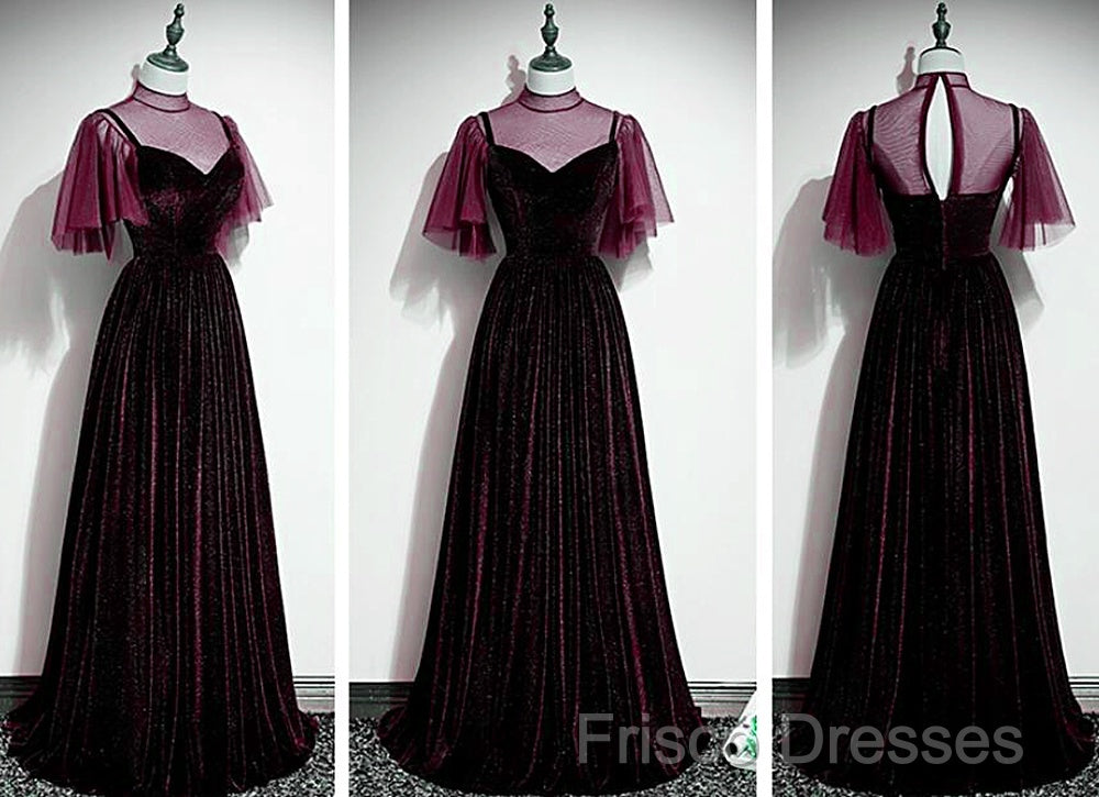 Wine Red Velvet A-Line Long High Neckline Party Dress, Wine Red Long Bridesmaid Dress