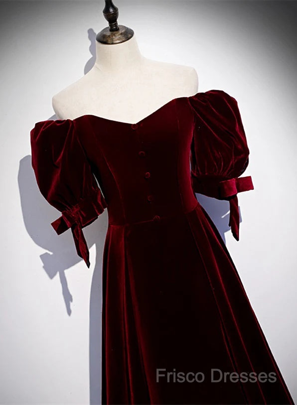 Wine Red Velvet A-Line Simple Party Dress, Wine Red Velvet Long Formal Prom Dress