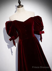 Wine Red Velvet A-Line Simple Party Dress, Wine Red Velvet Long Prom Dress