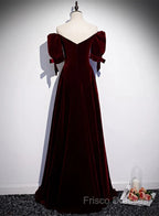 Wine Red Velvet A-Line Simple Party Dress, Wine Red Velvet Long Formal Prom Dress