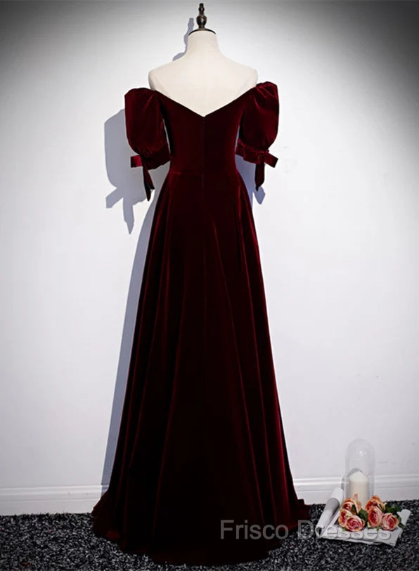 Wine Red Velvet A-Line Simple Party Dress, Wine Red Velvet Long Formal Prom Dress