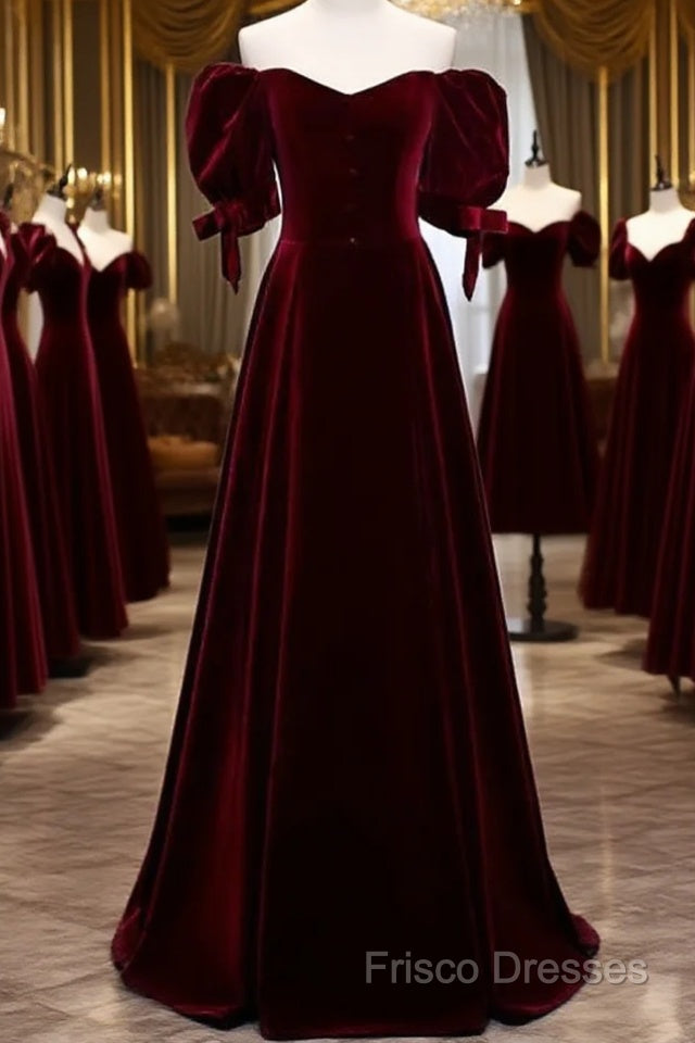 Wine Red Velvet A-Line Simple Party Dress, Wine Red Velvet Long Formal Prom Dress