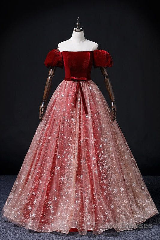 Wine Red Velvet and Pink Tulle Off Shoulder Formal Dress, Pink Sweet 16 Dresses