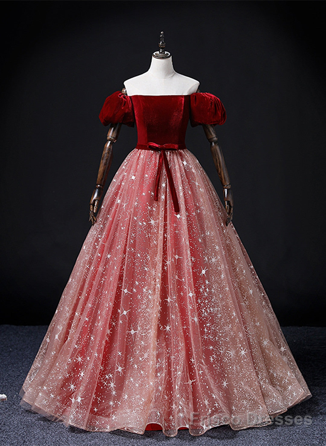 Wine Red Velvet and Pink Tulle Off Shoulder Formal Dress, Pink Sweet 16 Dresses Main image