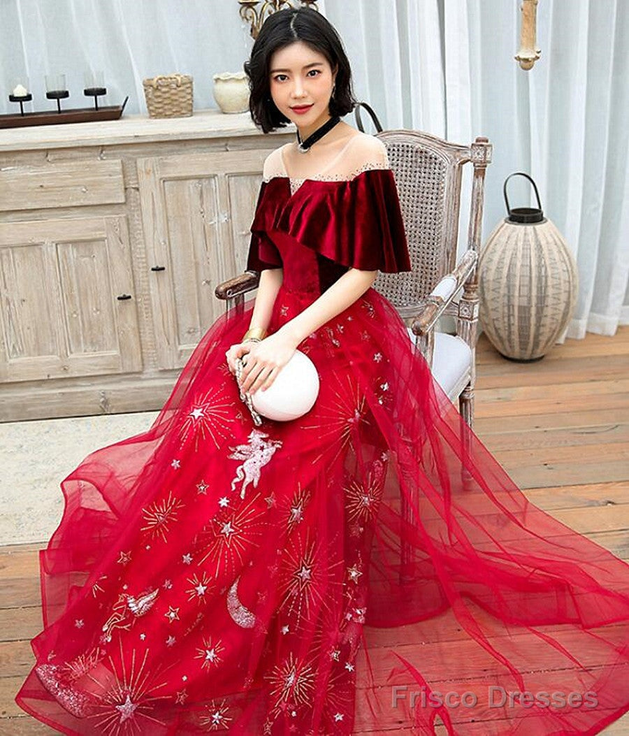 Wine Red Velvet And Tulle A-Line Floor Length Party Dress, Wine Red Long Prom Dress