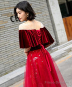 Wine Red Velvet And Tulle A-Line Floor Length Party Dress, Wine Red Long Prom Dress