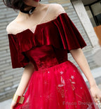 Wine Red Velvet And Tulle A-Line Floor Length Party Dress, Wine Red Long Prom Dress