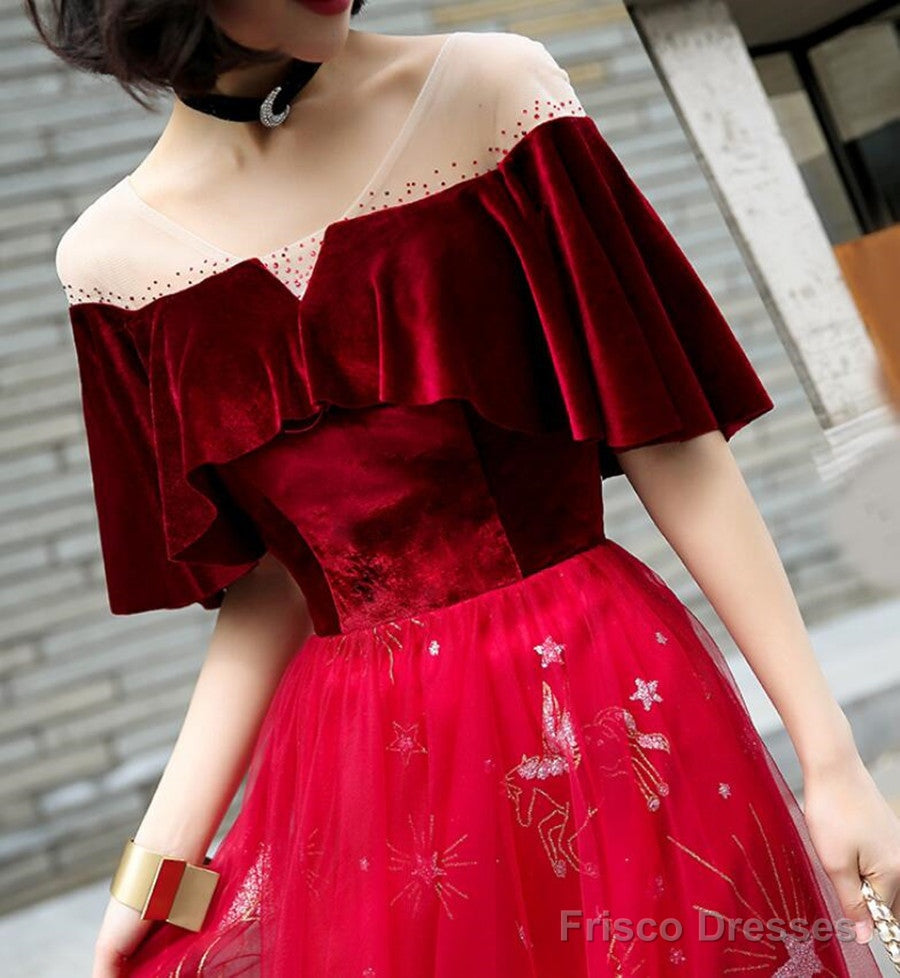 Wine Red Velvet And Tulle A-Line Floor Length Party Dress, Wine Red Long Prom Dress